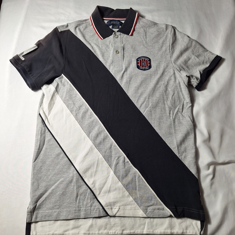 US Polo Assn Polo Shirt Mens L Gray Navy Diagonal Stripe Crest Patch Logo